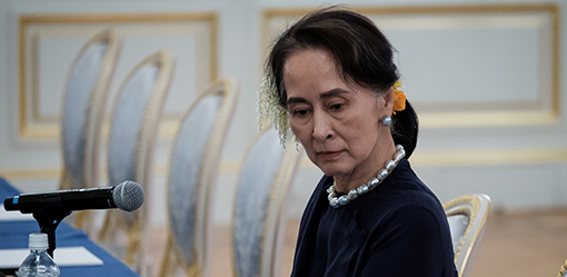 FILE PHOTO: Myanmar's State Counsellor Aung San Suu Kyi waits for the arrival of her delegation before the Japan Myanmar Summit meeting with Japan's Prime Minster Shinzo Abe (not pictured) at Akasaka Palace State Guest House in Tokyo, Japan October 9, 2018. Nicolas Datiche/Pool via Reuters/File Photo